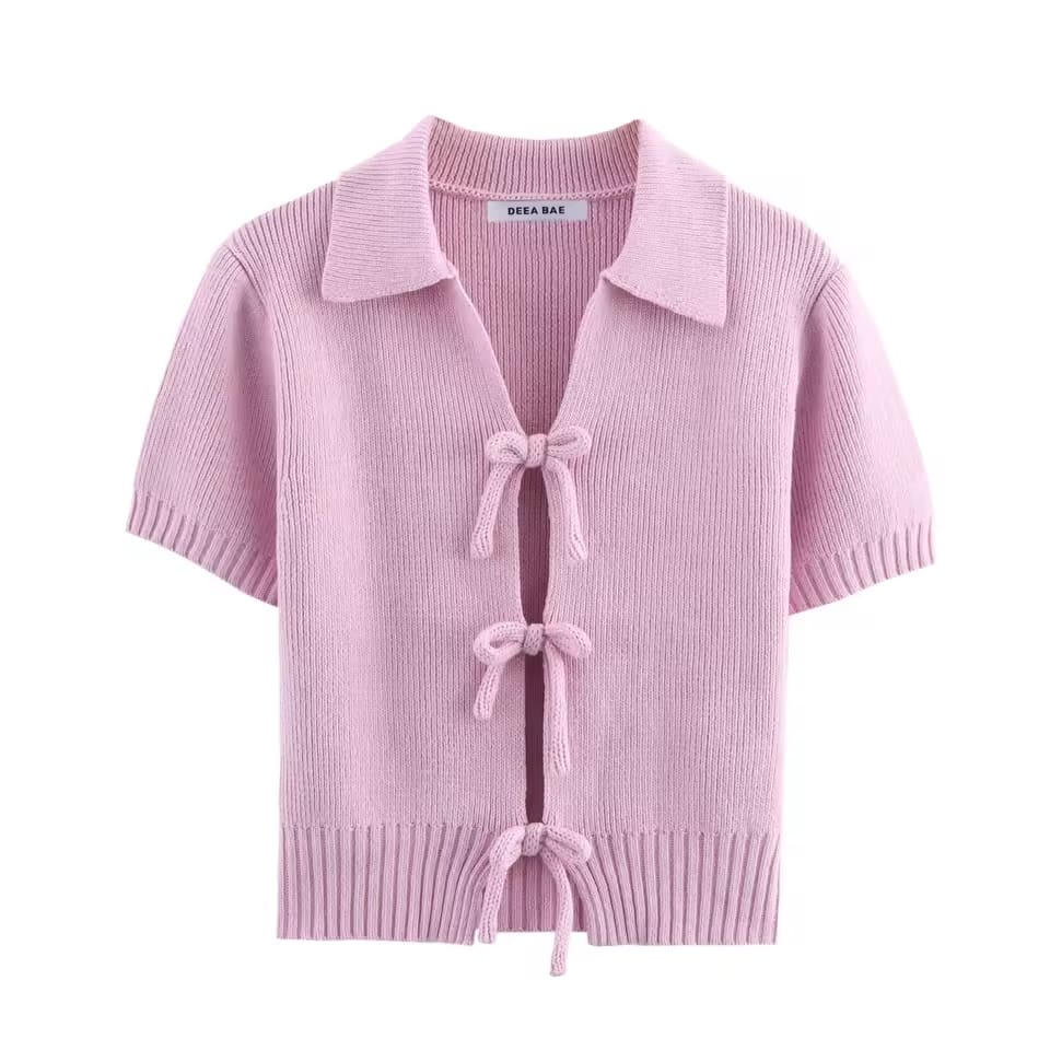 TRAFSHE Women Bow Tie Coat Casual Knitted Cardigan Femmes Short Sleeve Women's Clothing Knitwear Outerwears 2142007
