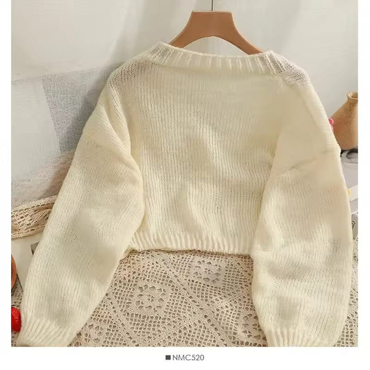 PTKPCC New Autumn Colourful Applique Flower Cardigan for Women Cute Long V-neck Knit Crop Sweater Girl Soft Knitwear