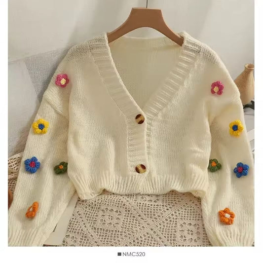 PTKPCC New Autumn Colourful Applique Flower Cardigan for Women Cute Long V-neck Knit Crop Sweater Girl Soft Knitwear
