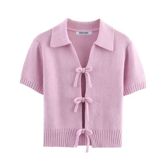 TRAFSHE Women Bow Tie Coat Casual Knitted Cardigan Femmes Short Sleeve Women's Clothing Knitwear Outerwears 2142007